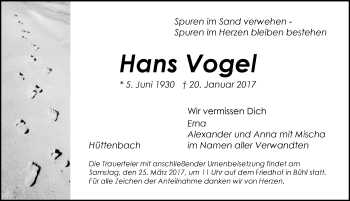 Traueranzeige von Hans Vogel von N-Land