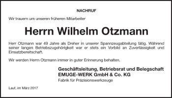 Traueranzeige von Wilhelm Otzmann von Pegnitz-Zeitung