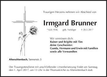 Traueranzeige von Irmgard Brunner von Hersbrucker Zeitung