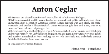 Traueranzeige von Anton Ceglar von N-Land