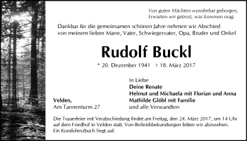 Traueranzeige von Rudolf Buckl von Hersbrucker Zeitung
