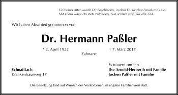 Traueranzeige von Hermann Paßler von Pegnitz-Zeitung