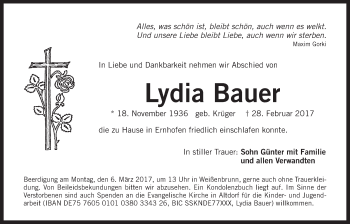 Traueranzeige von Lydia Bauer von Der Bote