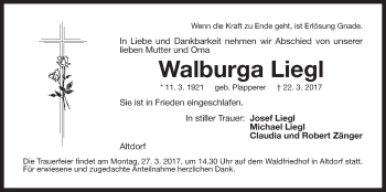 Traueranzeige von Walburga Liegl von Der Bote
