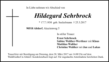 Traueranzeige von Hildegard Sehrbrock von Der Bote
