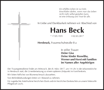 Traueranzeige von Hans Beck von Hersbrucker Zeitung