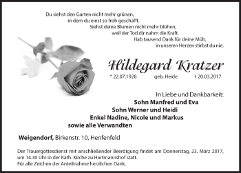 Traueranzeige von Hildegard Kratzer von Hersbrucker Zeitung