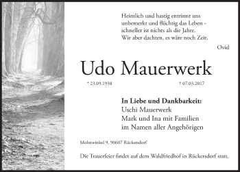 Traueranzeige von Udo Mauerwerk von N-Land