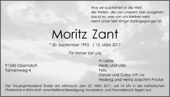 Traueranzeige von Moritz Zant von N-Land