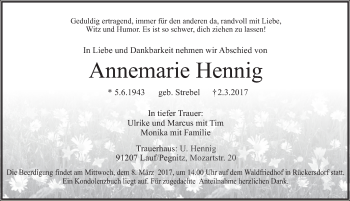 Traueranzeige von Annemarie Hennig von Pegnitz-Zeitung