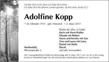 Traueranzeige von Adolfine Kopp von Hersbrucker Zeitung
