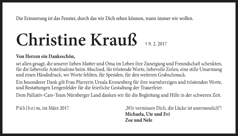  Traueranzeige für Christine Krauß vom 04.03.2017 aus Der Bote