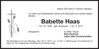 Traueranzeige von Babette Haas von Der Bote