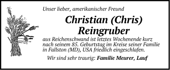 Traueranzeige von Christian Reingruber von Pegnitz-Zeitung