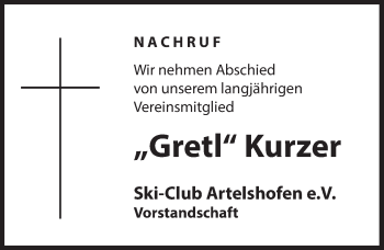 Traueranzeige von Gretl Kurzer von Hersbrucker Zeitung