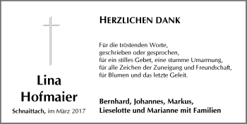 Traueranzeige von Lina Hofmaier von Pegnitz-Zeitung