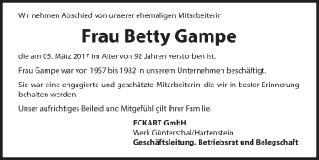 Traueranzeige von Betty Gampe von Hersbrucker Zeitung