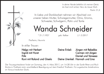 Traueranzeige von Wanda Schneider von N-Land