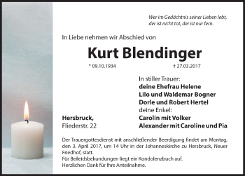 Traueranzeige von Kurt Blendinger von Hersbrucker Zeitung
