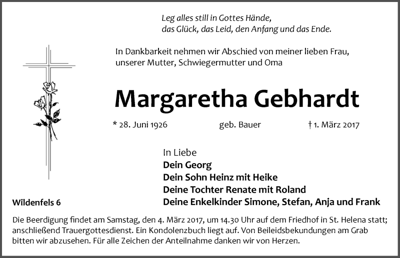  Traueranzeige für Margaretha Gebhardt vom 02.03.2017 aus N-Land