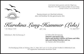 Traueranzeige von Karolina Lang-Hammer von Pegnitz-Zeitung