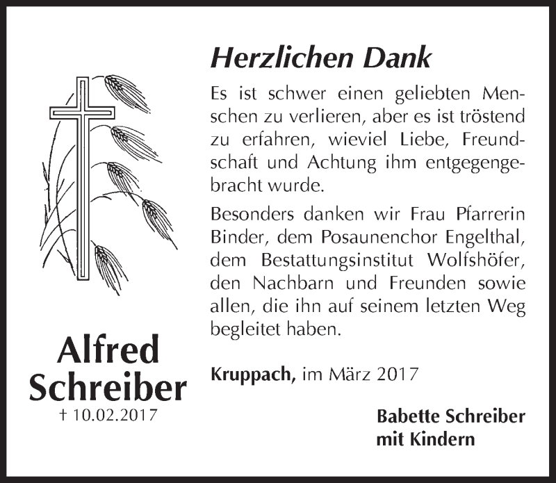  Traueranzeige für Alfred Schreiber vom 07.03.2017 aus Hersbrucker Zeitung