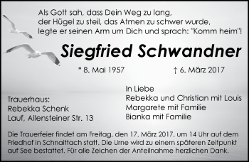 Traueranzeige von Siegfried Schwandner von Pegnitz-Zeitung