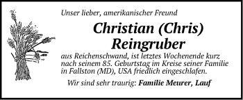 Traueranzeige von Christian Reingruber von Hersbrucker Zeitung