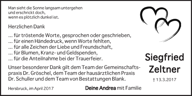  Traueranzeige für Siegfried Zeltner vom 01.04.2017 aus Hersbrucker Zeitung