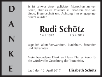 Traueranzeige von Rudi Schötz von Pegnitz-Zeitung