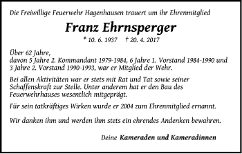 Traueranzeige von Franz Ehrnsperger von Der Bote