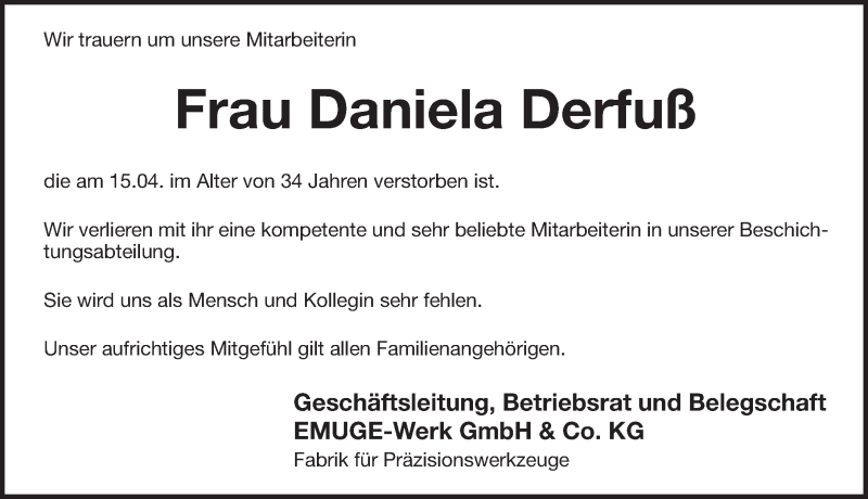  Traueranzeige für Daniela Derfuß vom 22.04.2017 aus Pegnitz-Zeitung