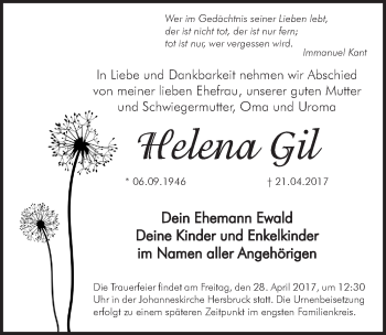 Traueranzeige von Helena Gil von Hersbrucker Zeitung