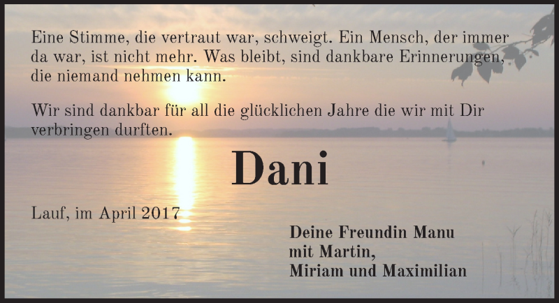  Traueranzeige für Daniela Derfuß vom 22.04.2017 aus Pegnitz-Zeitung