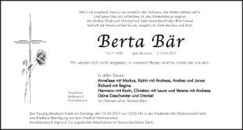 Traueranzeige von Berta Bär von Hersbrucker Zeitung