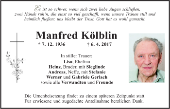 Traueranzeige von Manfred Kölblin von Der Bote