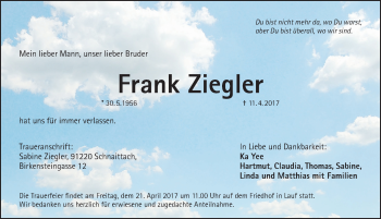 Traueranzeige von Frank Ziegler von Pegnitz-Zeitung