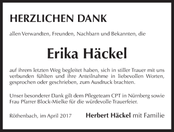 Traueranzeige von Erika Häckel von Pegnitz-Zeitung