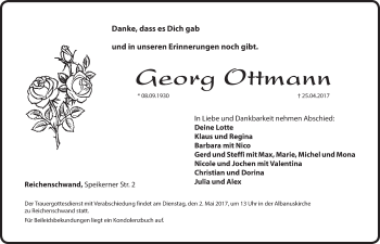 Traueranzeige von Georg Ottmann von Pegnitz-Zeitung
