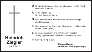 Traueranzeige von Heinrich Ziegler von Der Bote