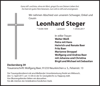 Traueranzeige von Steger Leonhard von Hersbrucker Zeitung