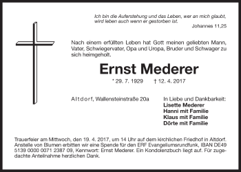 Traueranzeige von Ernst Mederer von Der Bote