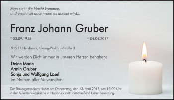 Traueranzeige von Franz Johann Gruber von Hersbrucker Zeitung