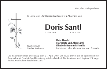 Traueranzeige von Doris Santl von Pegnitz-Zeitung