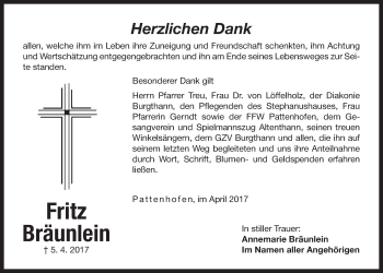 Traueranzeige von Fritz Bräunlein von Der Bote