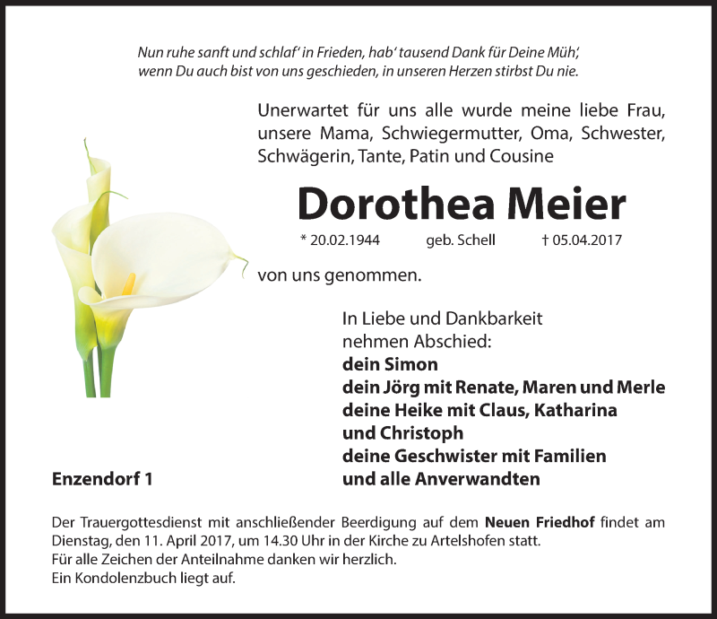  Traueranzeige für Dorothea Meier vom 08.04.2017 aus Hersbrucker Zeitung