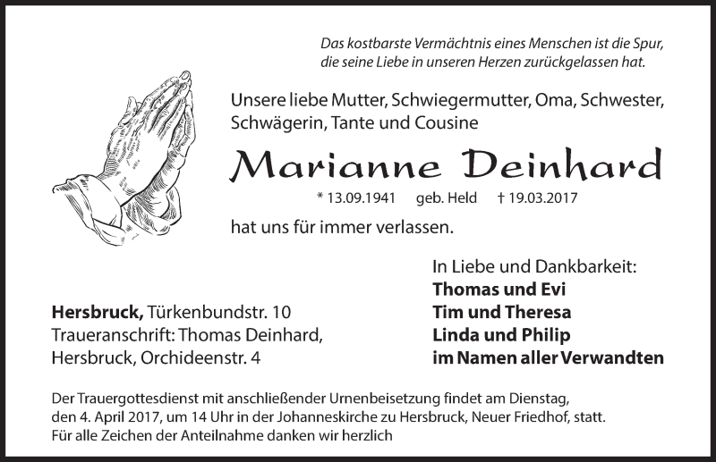  Traueranzeige für Marianne Deinhard vom 01.04.2017 aus Hersbrucker Zeitung