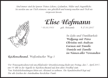 Traueranzeige von Elise Hofmann von Hersbrucker Zeitung