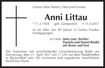 Traueranzeige von Anni Littau von Pegnitz-Zeitung