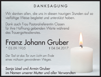 Traueranzeige von Franz Johann Gruber von Hersbrucker Zeitung